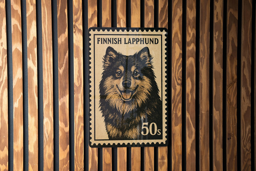 A stamp featuring a close-up of a dog's face, with the text "FINISH LAPPHUND" and "50s" printed on it.