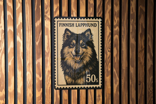 A stamp featuring a close-up of a dog's face, with the text "FINISH LAPPHUND" and "50s" printed on it.