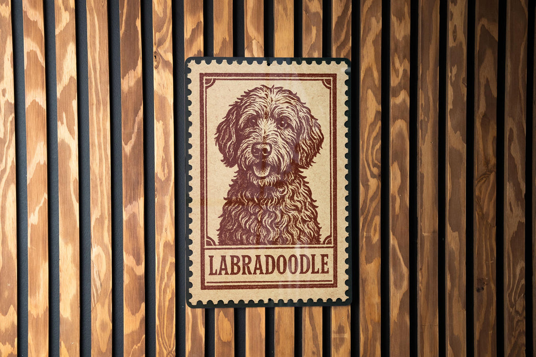 A vintage-style stamp featuring a Labradoroodle dog is displayed on a wooden wall.