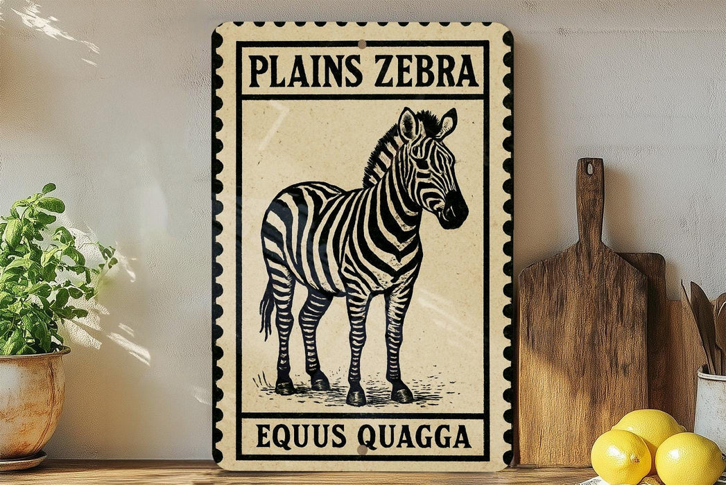 A framed illustration of a zebra is displayed on a shelf, accompanied by a wooden cutting board and a potted plant.