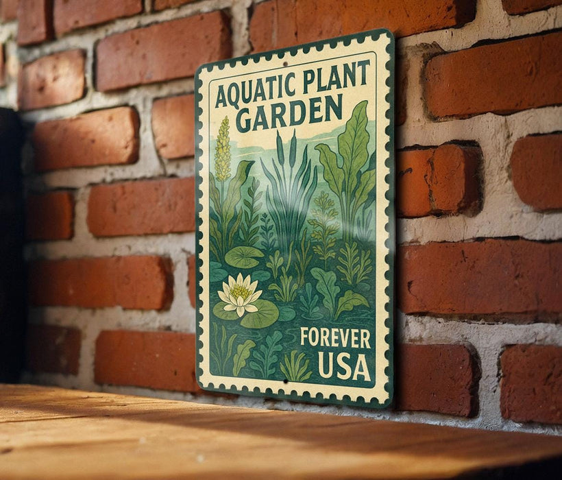 a vintage-style metal sign with a lush green plant illustration, mounted on a brick wall.