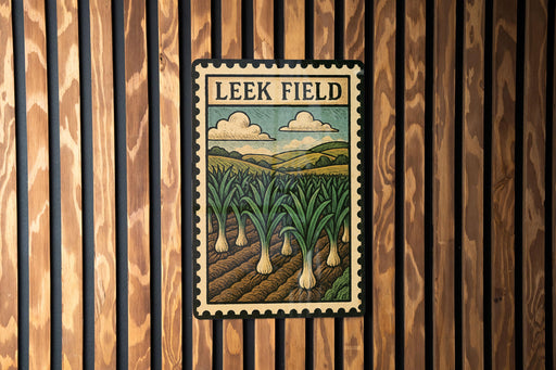 A framed illustration of a field with tall plants, likely representing a farm or agricultural landscape, is displayed on a wooden wall.
