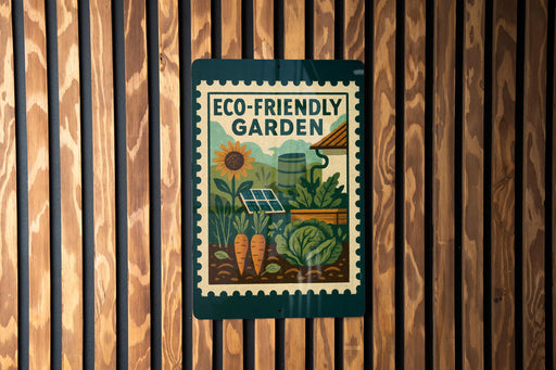 A sign for an eco-friendly garden, featuring illustrations of various plants and a sunflower.