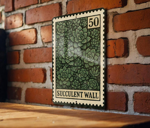 A wall-mounted metal stamp with a green floral pattern, featuring the text "SUCCULENT WALL" on it.