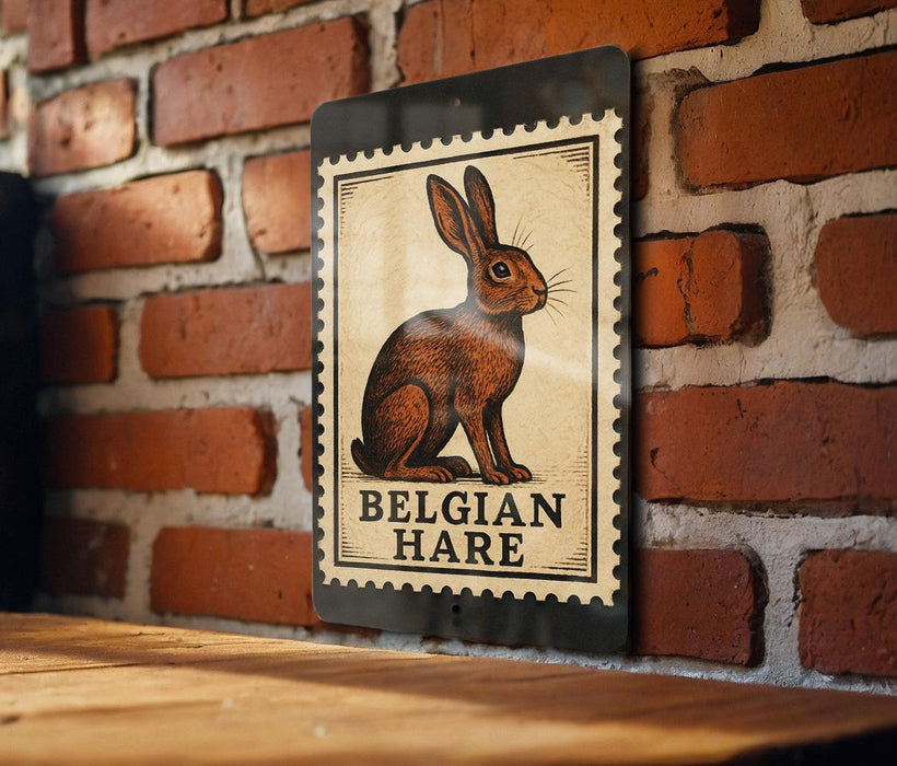 A sign featuring a cartoon illustration of a hare, mounted on a brick wall.