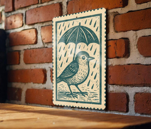 A wooden table with a brick wall in the background, featuring a framed illustration of a bird holding an umbrella.