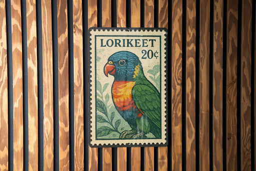 A colorful postage stamp featuring a parrot is displayed on a wooden wall.