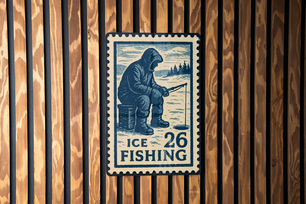 A blue and white postage stamp featuring a person fishing, with the text "ICE FISHING 26" printed on it.