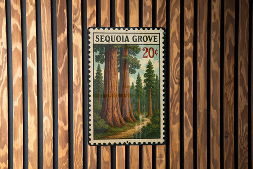 A framed postage stamp depicting a scenic forest scene with towering sequoia trees, hanging on a wooden wall.