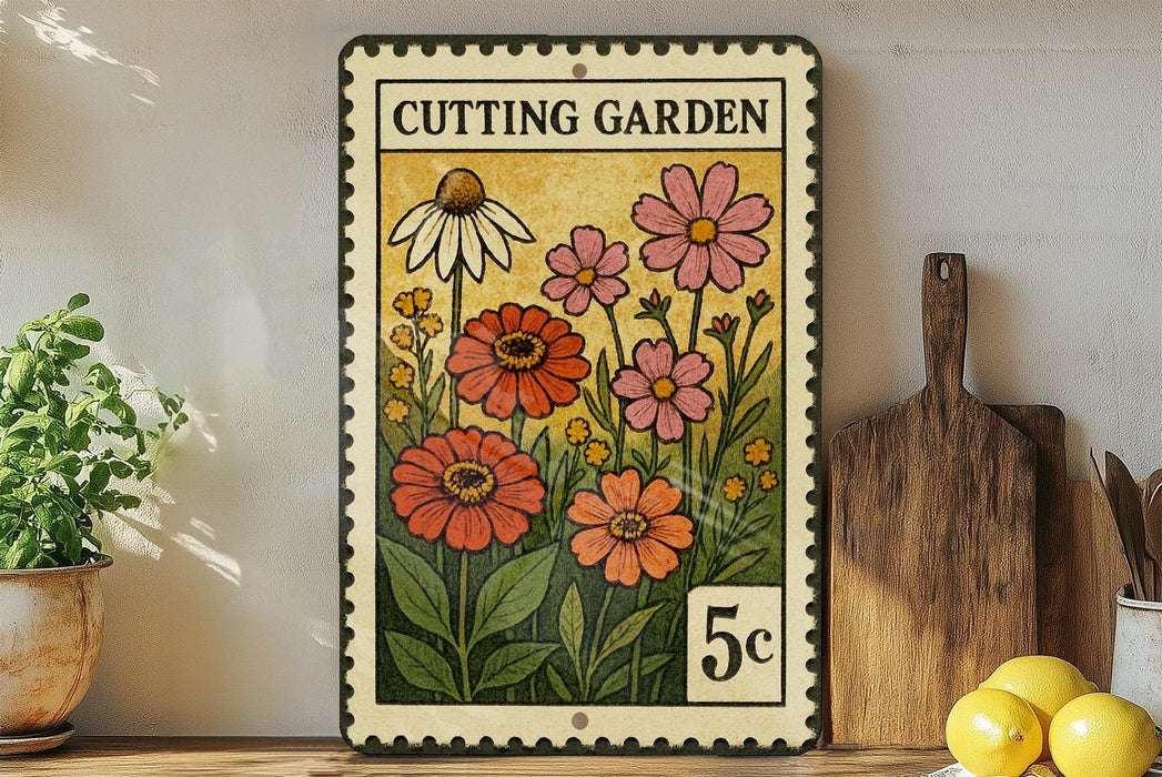 A vintage-style metal sign with a floral design, featuring a variety of colorful flowers and plants, is displayed on a shelf next to a wooden cutting board and some kitchen utensils.