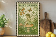 a vintage-style metal sign with a fairy sitting on a mushroom, surrounded by flowers and plants, with a wooden cutting board and lemons nearby.