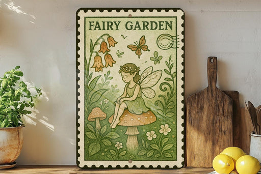 a vintage-style metal sign with a fairy sitting on a mushroom, surrounded by flowers and plants, with a wooden cutting board and lemons nearby.