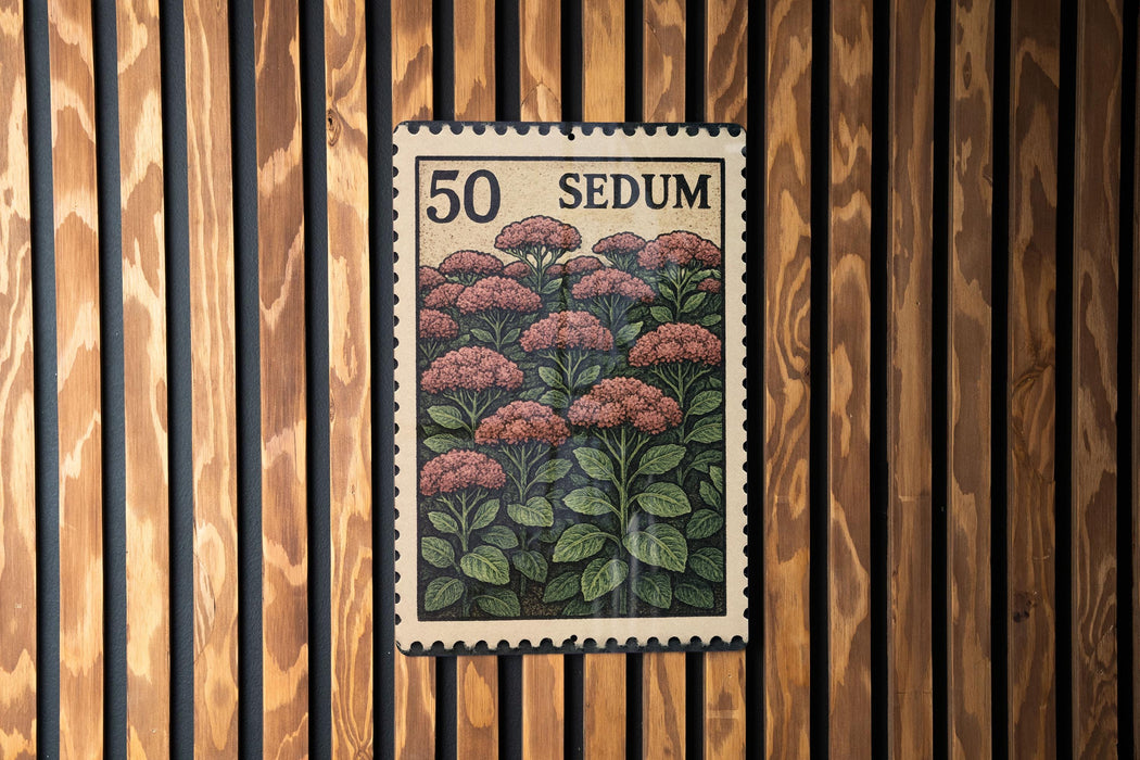 A 50 SEDUM postage stamp is displayed on a wooden wall.