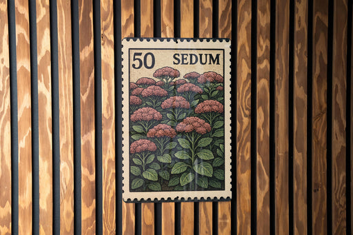 A 50 SEDUM postage stamp is displayed on a wooden wall.