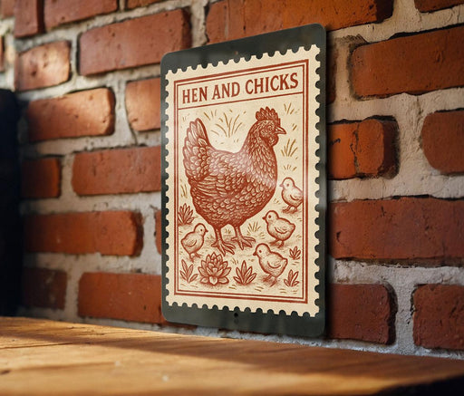 A metal sign with a red and white design featuring a rooster and chicks, mounted on a brick wall.