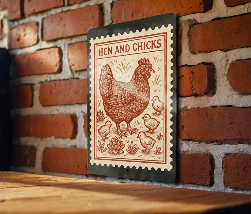 A metal sign with a red and white design featuring a rooster and chicks, mounted on a brick wall.