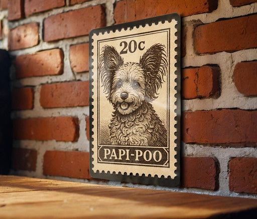 A black and white illustration of a dog, resembling a papi-poo, is mounted on a brick wall.