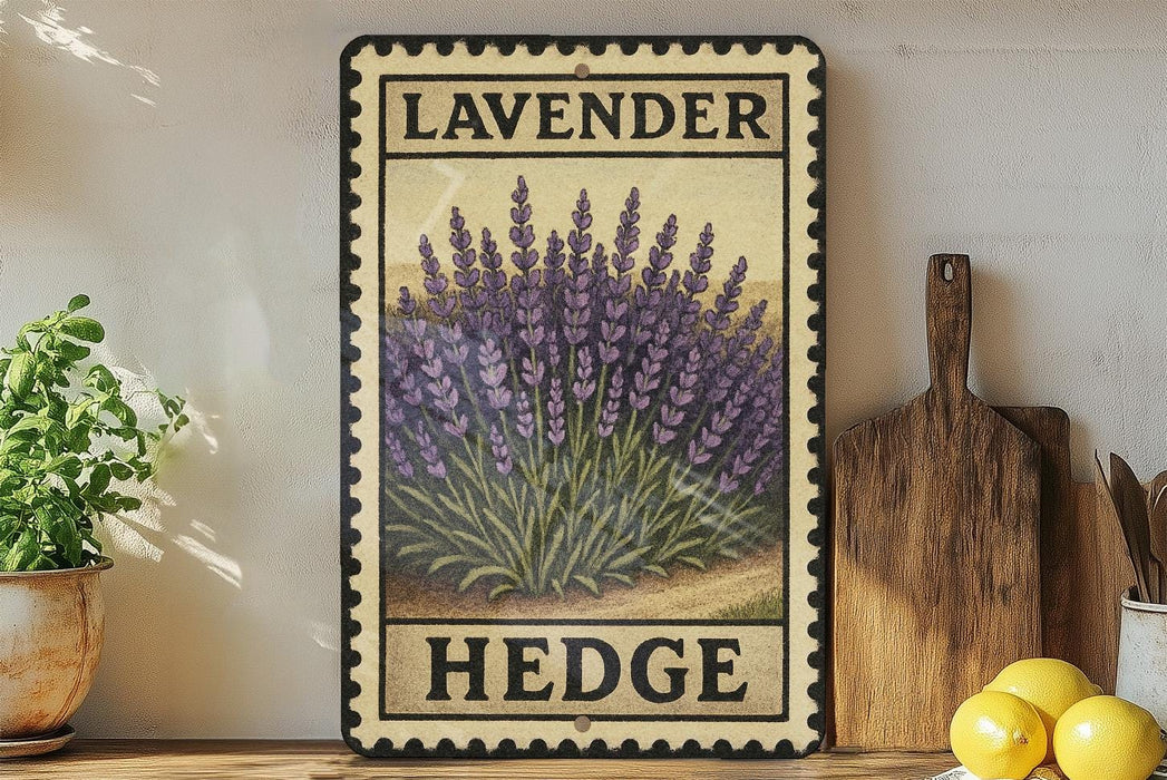 A framed illustration of lavender flowers is displayed on a shelf, accompanied by a wooden cutting board and a potted plant.