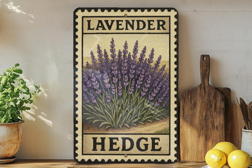 A framed illustration of lavender flowers is displayed on a shelf, accompanied by a wooden cutting board and a potted plant.