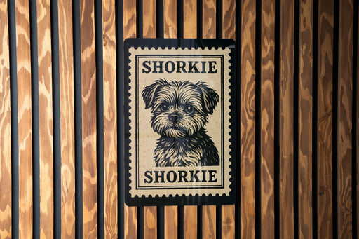 A poster of a Shorkie dog is displayed on a wooden wall.