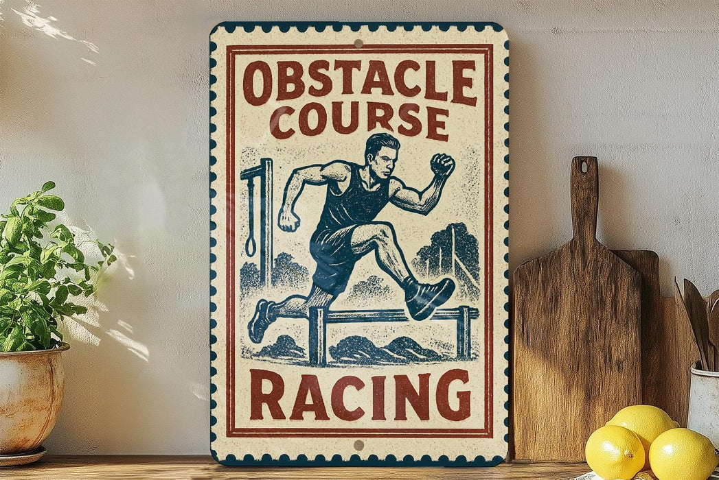 a vintage-style sign with the text "OBSTACLE COURSE RACING" and an illustration of a man running. The sign is placed on a wooden surface, with a potted plant, a cutting board, and some lemons nearby.