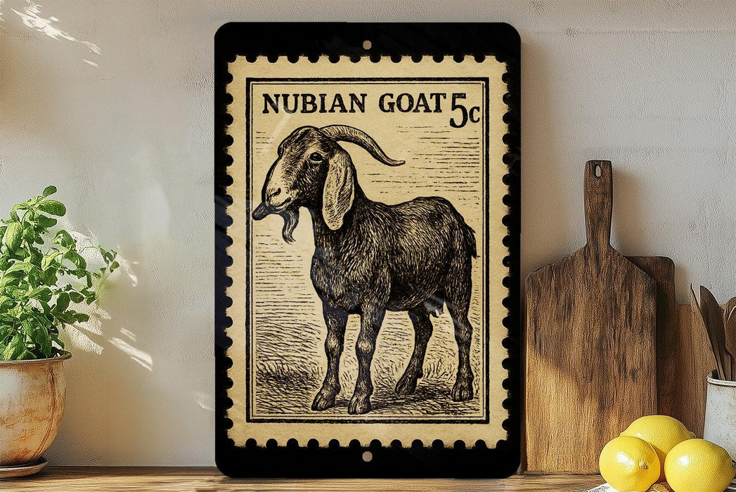 a framed illustration of a goat, which appears to be a Nubian goat, on a shelf next to a wooden cutting board and some lemons.