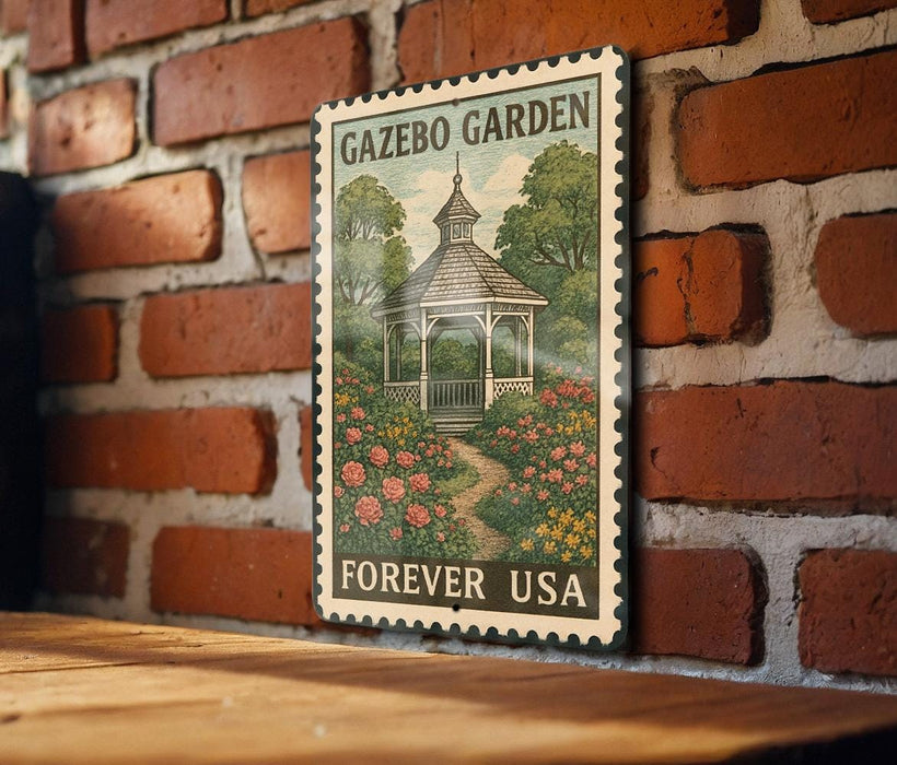 A vintage postage stamp featuring a gazebo surrounded by flowers, mounted on a brick wall.