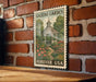A vintage postage stamp featuring a gazebo surrounded by flowers, mounted on a brick wall.