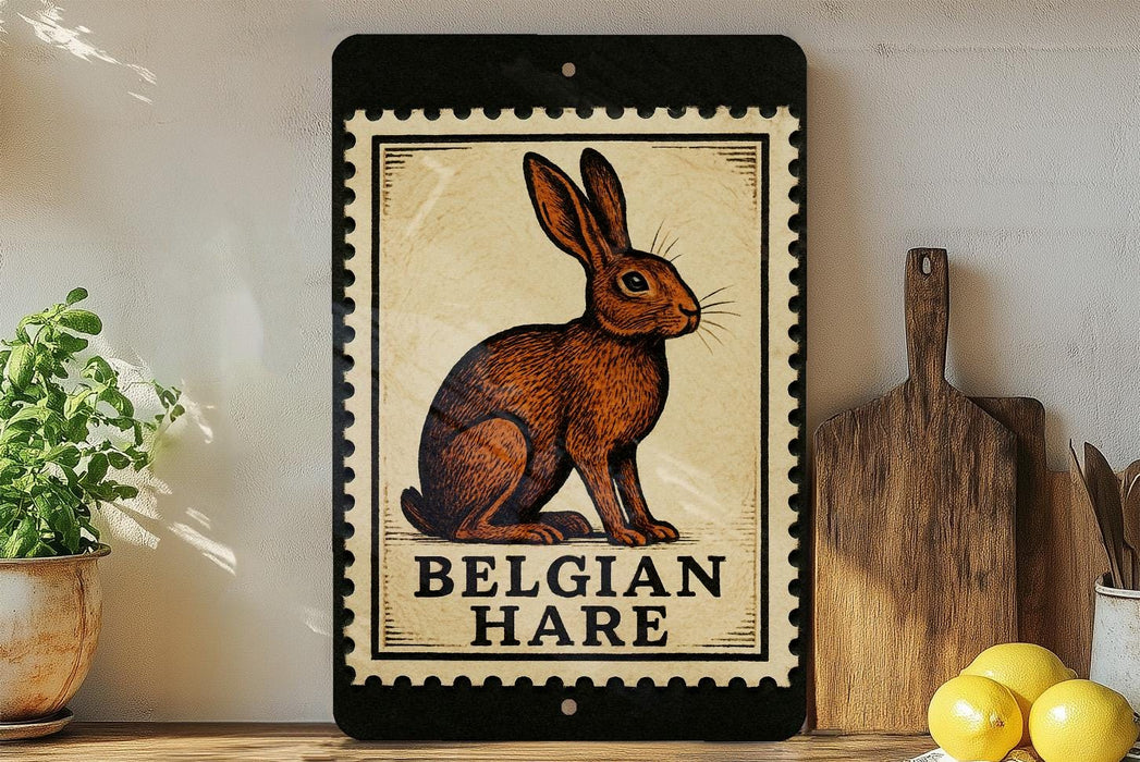 A framed illustration of a brown hare is displayed on a shelf, accompanied by a wooden cutting board and a potted plant.