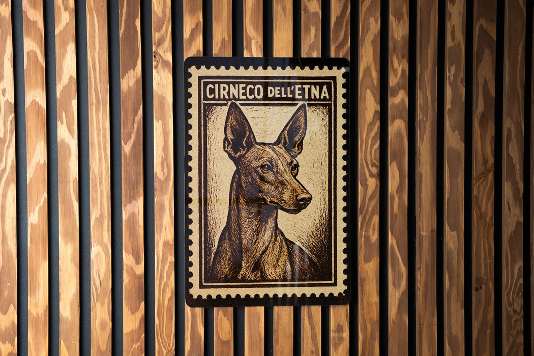 a close-up of a wooden wall with a framed image of a dog, which appears to be a CIRNECO DELLE'ETNA stamp.