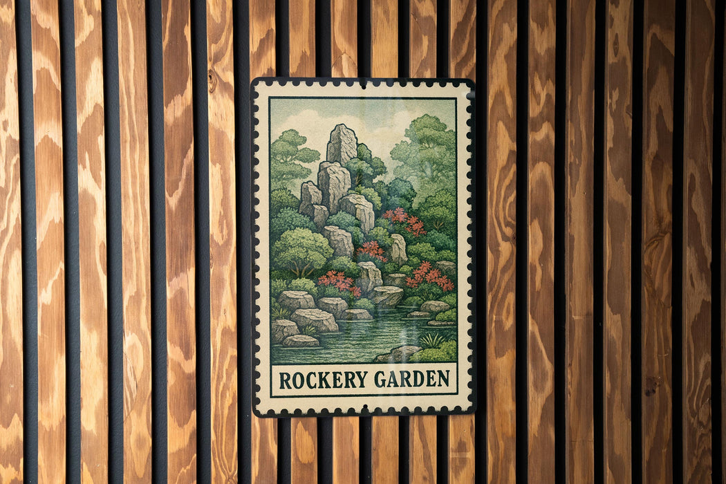 A framed illustration of a rock garden is displayed on a wooden wall.