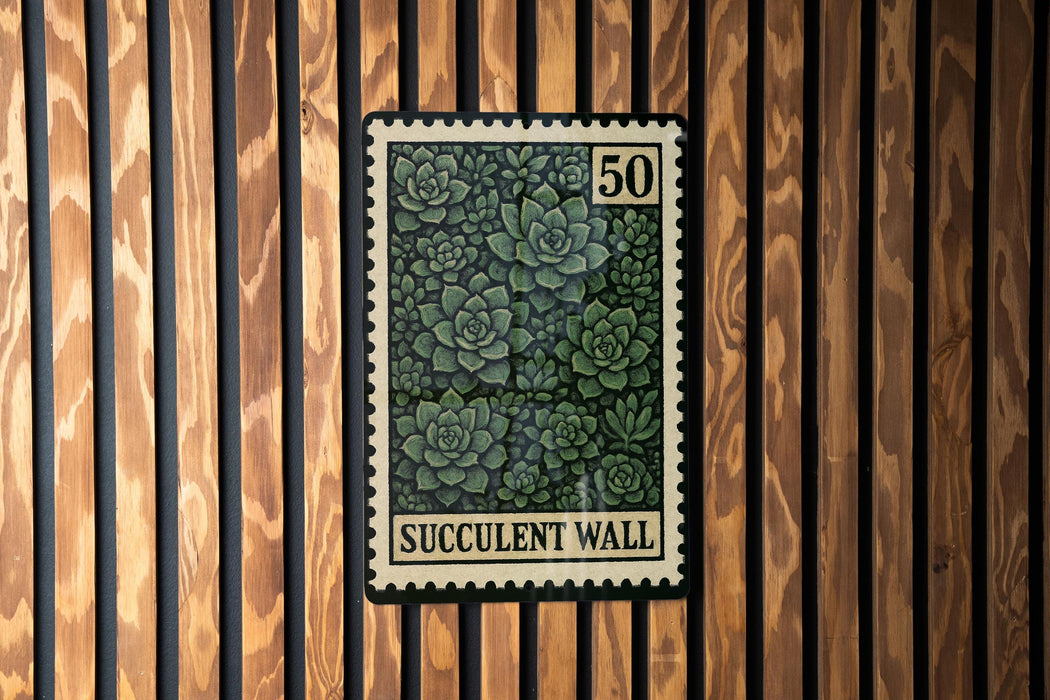 A postage stamp featuring a green design of succulent plants is displayed on a wooden wall.