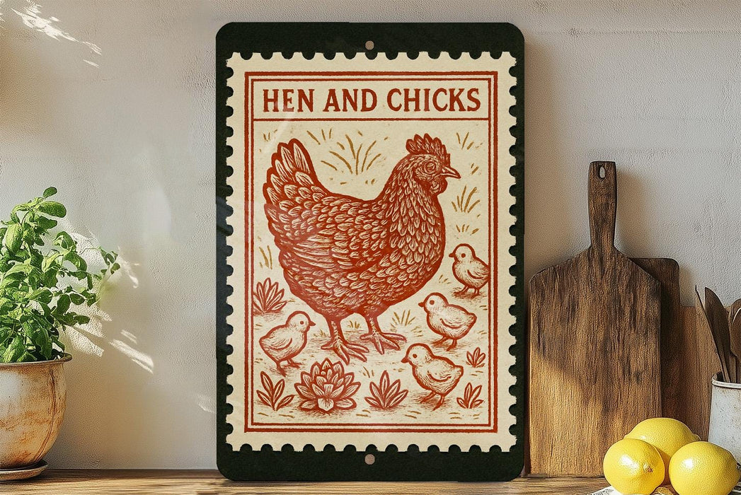 A framed illustration of a rooster surrounded by chicks, with the text "HEN AND CHICKS" on the frame.
