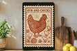 A framed illustration of a rooster surrounded by chicks, with the text "HEN AND CHICKS" on the frame.