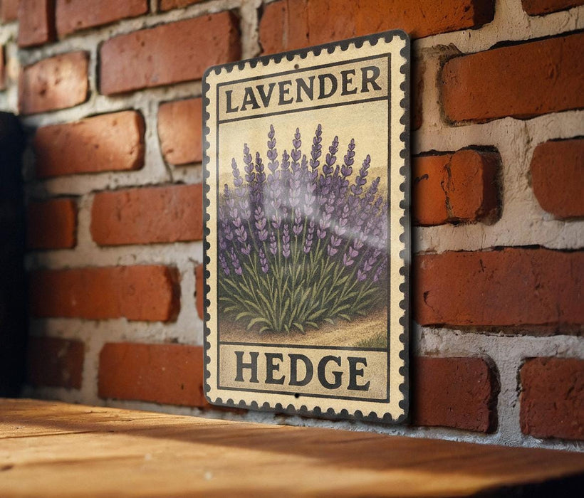 A vintage-style metal sign with a floral illustration of lavender flowers and the word "HEDGE" is displayed on a brick wall.