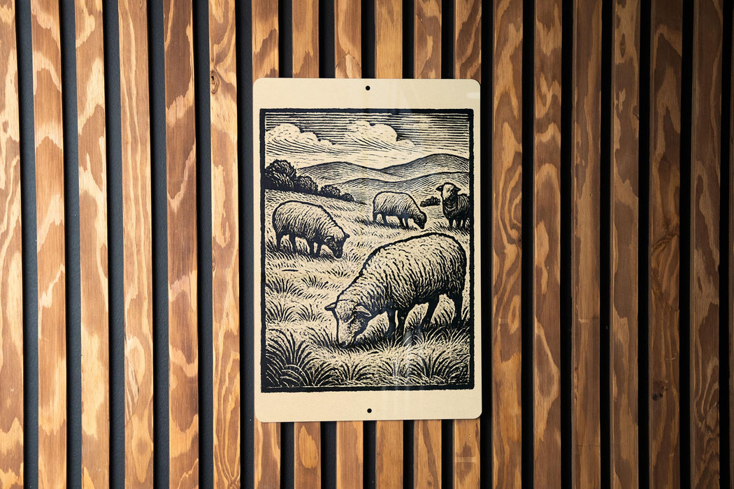a pastoral scene with a group of sheep grazing in a grassy field.