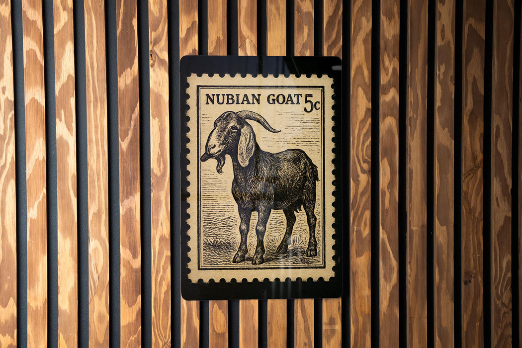 A black and white postage stamp featuring a goat is displayed on a wooden wall.