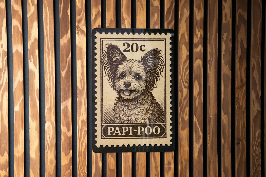 A wooden wall with a 20c postage stamp featuring a dog's face and the text "PAPI-POOO" printed on it.