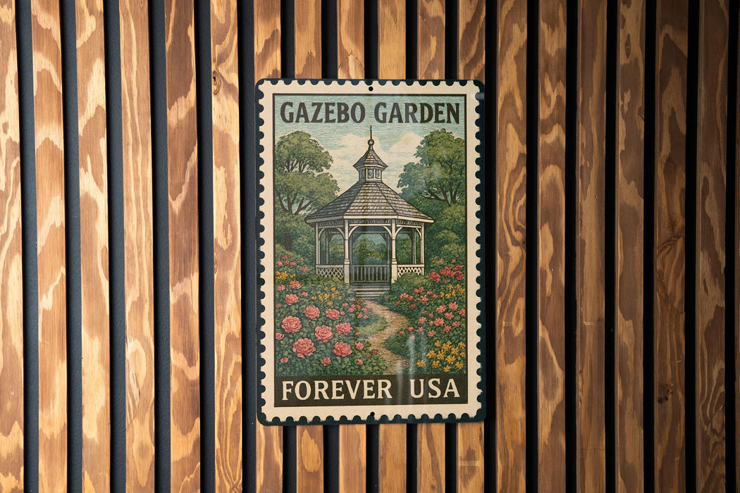 A postage stamp featuring a gazebo surrounded by flowers, with the text "GAZEBO GARDEN FOREVER USA" displayed on it.