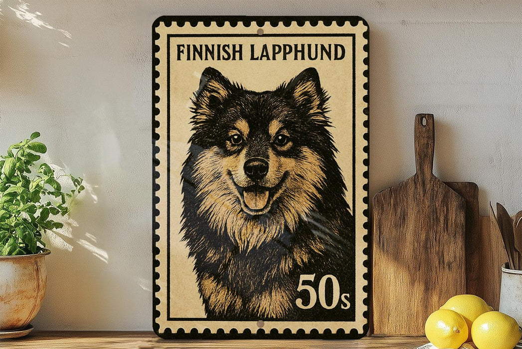A framed image of a Finnish Lapphund dog, with the text "FINISH LAPPHUND" and "50s" printed on it, is displayed on a shelf next to a wooden cutting board and a potted plant.