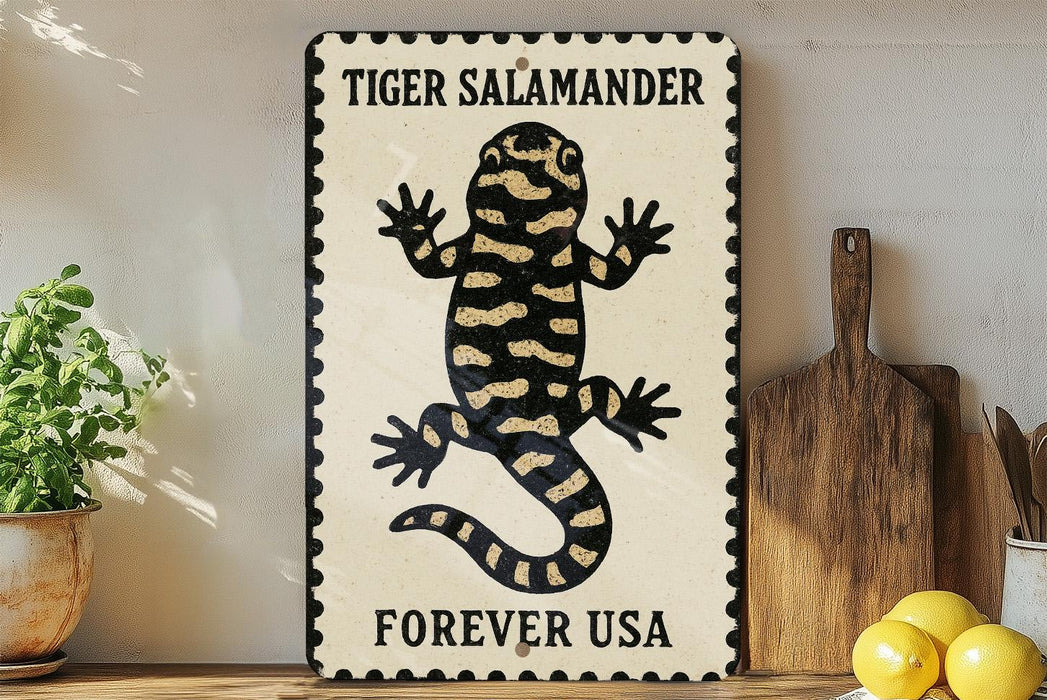 A framed poster of a tiger salamander is displayed on a shelf, with a wooden cutting board and lemons nearby.