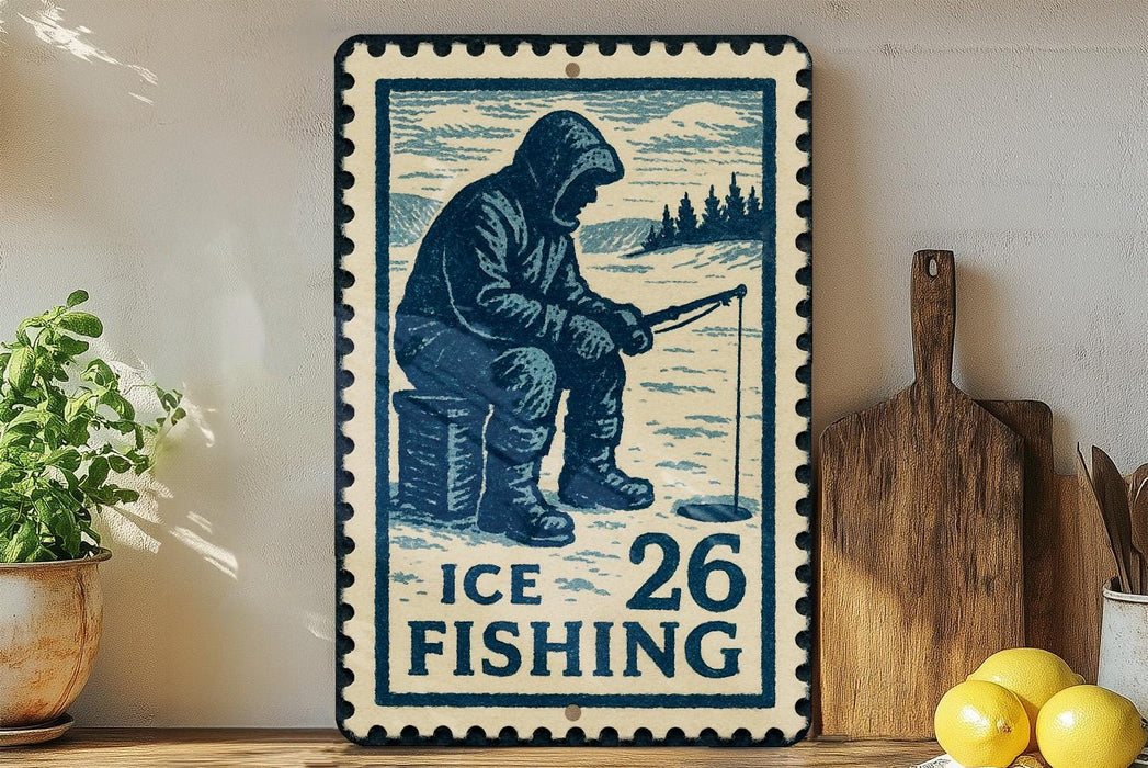 A vintage-style metal sign with a blue and white design depicting a person fishing, placed on a wooden surface next to a wooden cutting board and some lemons.