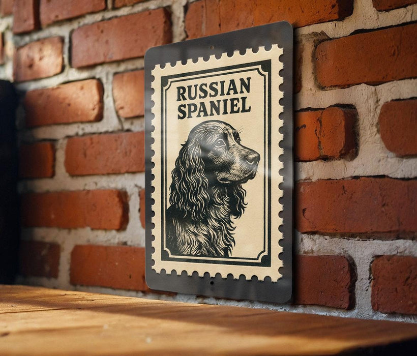 A poster of a Russian Spaniel dog is displayed on a brick wall.