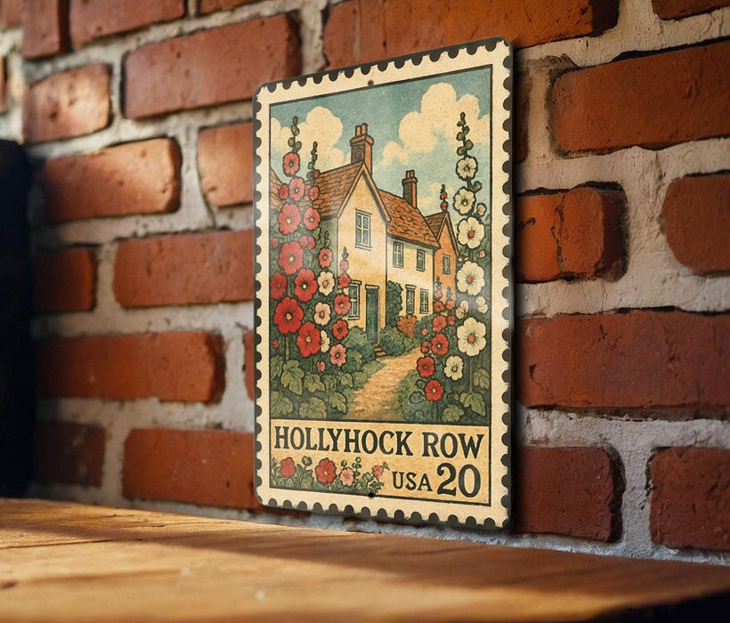 A vintage postage stamp featuring a house surrounded by flowers, mounted on a brick wall.