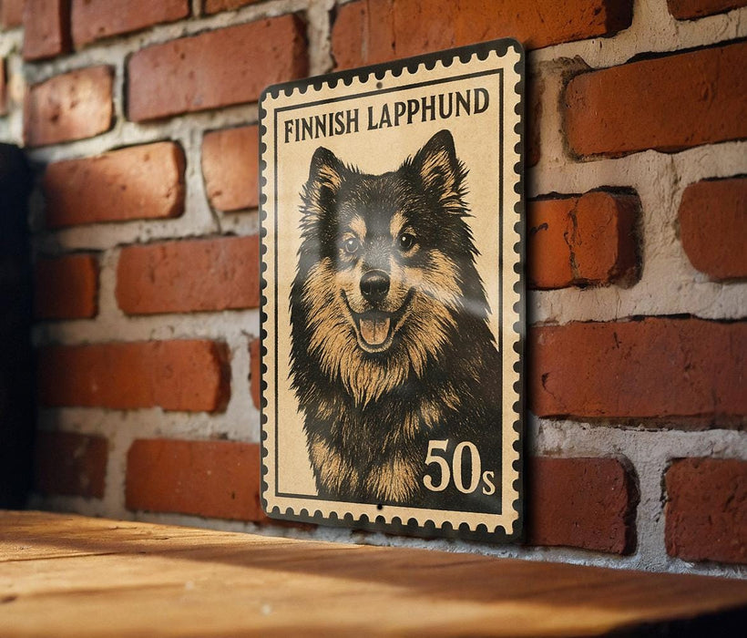 A wooden table with a framed image of a dog, which appears to be a Finnish laphund, mounted on a brick wall.