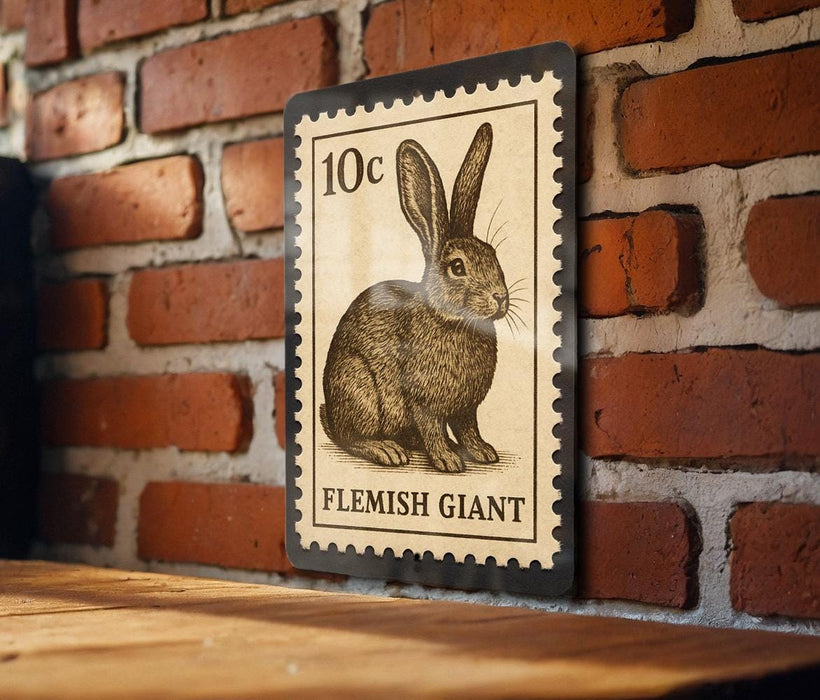 A 10c postage stamp featuring a rabbit illustration is displayed on a brick wall.