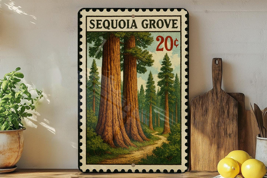 A framed image of two sequoia trees, with a path leading through the forest, is displayed on a wall next to a wooden cutting board and a potted plant.