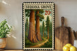 A framed image of two sequoia trees, with a path leading through the forest, is displayed on a wall next to a wooden cutting board and a potted plant.