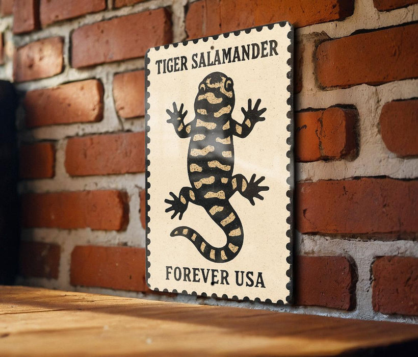 A sign featuring a tiger salamander, with the text "TIGER SALAMANDER FOREVER USA" displayed prominently.