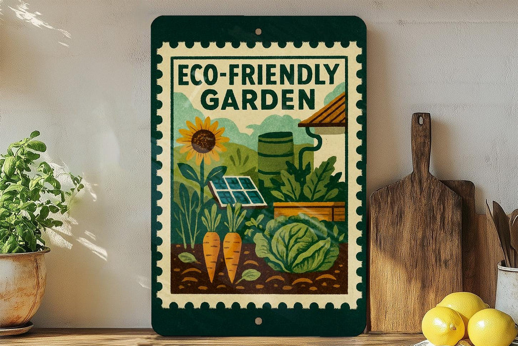 a green and white sign with a garden scene, including a sunflower, carrots, and a wooden cutting board, placed on a wooden surface next to a potted plant and a lemon.
